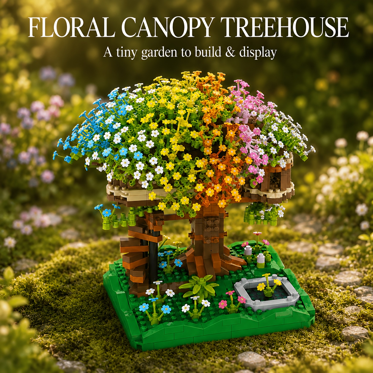 Rainbow Treehouse Building Blocks Set, Dreamy Floral Garden Cottage